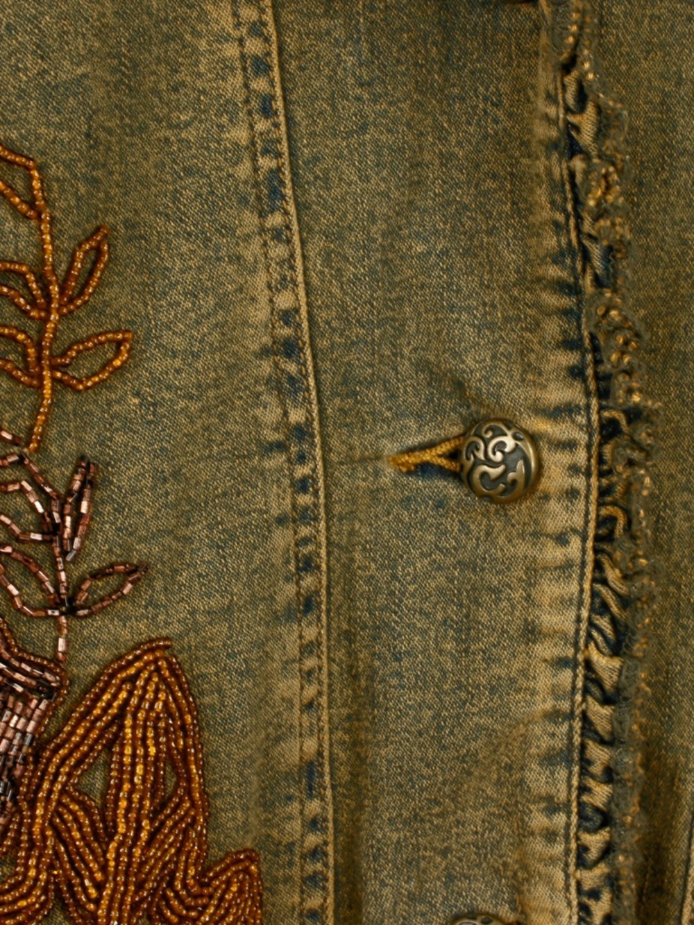 Vintage 2000s Y2K Floral Leaf Beaded Embroidered Flare Sleeve Demin Jean Jacket - Picture 6 of 9